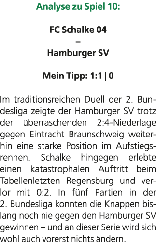 Analyse zu Spiel 10: FC Schalke 04 – Hamburger SV Mein Tipp: 1:1 | 0 Im traditionsreichen Duell der 2. Bundesliga zei...