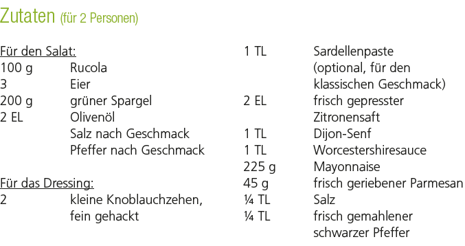 Zutaten (f r 2 Personen) F r den Salat: 100 g Rucola 3 Eier 200 g gr ner Spargel 2 EL Oliven l Salz nach Geschmack Pf...