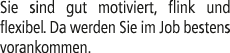 Sie sind gut motiviert, flink und flexibel. Da werden Sie im Job bestens vorankommen.