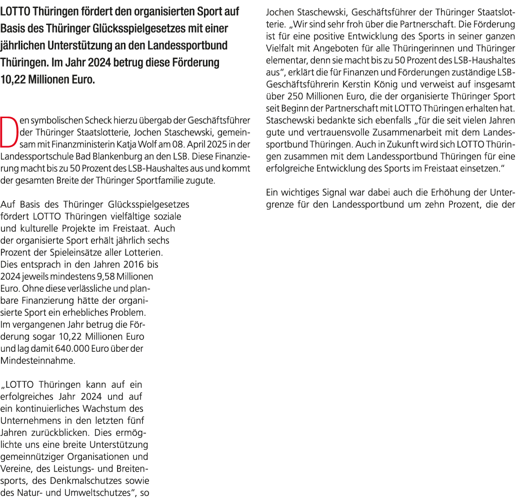 LOTTO Th ringen f rdert den organisierten Sport auf Basis des Th ringer Gl cksspielgesetzes mit einer j hrlichen Unte...