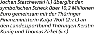 Jochen Staschewski (l.) bergibt den symbolischen Scheck  ber 10,2 Millionen Euro gemeinsam mit der Th ringer Finanzm...