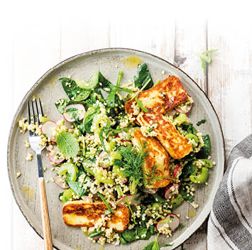 Spicy spring tabbouleh with grilled halloumi