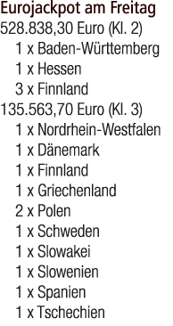 Eurojackpot am Freitag 528.838,30 Euro (Kl. 2) 1 x Baden W rttemberg 1 x Hessen 3 x Finnland 135.563,70 Euro (Kl. 3) ...