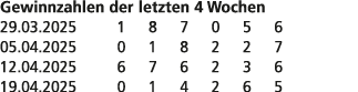 Gewinnzahlen der letzten 4 Wochen 29.03.2025 1 8 7 0 5 6 05.04.2025 0 1 8 2 2 7 12.04.2025 6 7 6 2 3 6 19.04.2025 0 1...