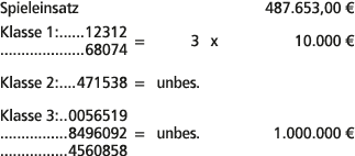 Spieleinsatz 487.653,00 € Klasse 1: 12312 68074 = 3 x 10.000 € Klasse 2: 471538 = unbes. Klasse 3: 0056519 8496092 = ...