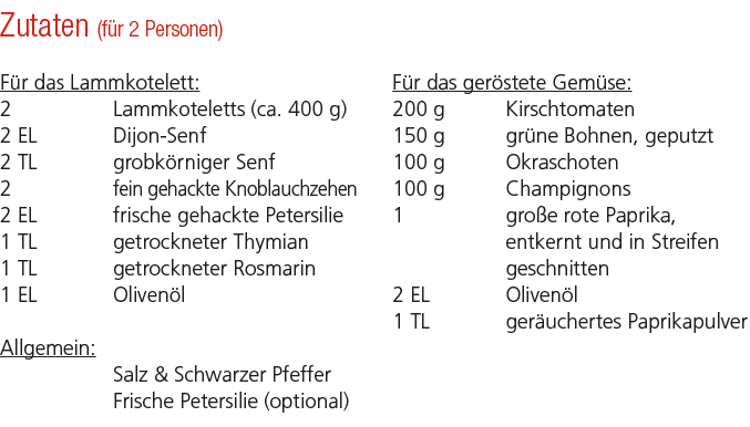 Zutaten (f r 2 Personen) F r das Lammkotelett: 2 Lammkoteletts (ca. 400 g) 2 EL Dijon Senf 2 TL grobk rniger Senf 2 f...