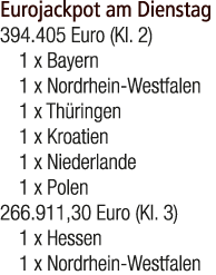 Eurojackpot am Dienstag 394.405 Euro (Kl. 2) 1 x Bayern 1 x Nordrhein Westfalen 1 x Th ringen 1 x Kroatien 1 x Nieder...