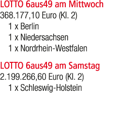 LOTTO 6aus49 am Mittwoch 368.177,10 Euro (Kl. 2) 1 x Berlin 1 x Niedersachsen 1 x Nordrhein Westfalen LOTTO 6aus49 am...