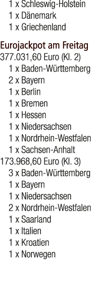 1 x Schleswig Holstein 1 x D nemark 1 x Griechenland Eurojackpot am Freitag 377.031,60 Euro (Kl. 2) 1 x Baden W rttem...