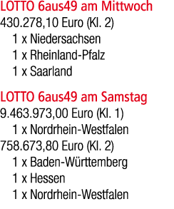 LOTTO 6aus49 am Mittwoch 430.278,10 Euro (Kl. 2) 1 x Niedersachsen 1 x Rheinland Pfalz 1 x Saarland LOTTO 6aus49 am S...