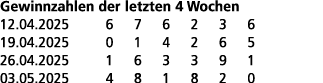 Gewinnzahlen der letzten 4 Wochen 12.04.2025 6 7 6 2 3 6 19.04.2025 0 1 4 2 6 5 26.04.2025 1 6 3 3 9 1 03.05.2025 4 8...
