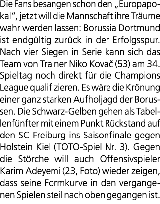 Die Fans besangen schon den „Europapokal“, jetzt will die Mannschaft ihre Tr ume wahr werden lassen: Borussia Dortmun...