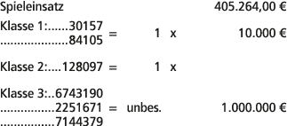 Spieleinsatz 405.264,00 € Klasse 1: 30157 84105 = 1 x 10.000 € Klasse 2: 128097 = 1 x Klasse 3: 6743190 2251671 = unb...