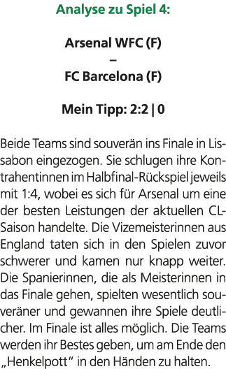 Analyse zu Spiel 4: Arsenal WFC (F) – FC Barcelona (F) Mein Tipp: 2:2 | 0 Beide Teams sind souver n ins Finale in Lis...