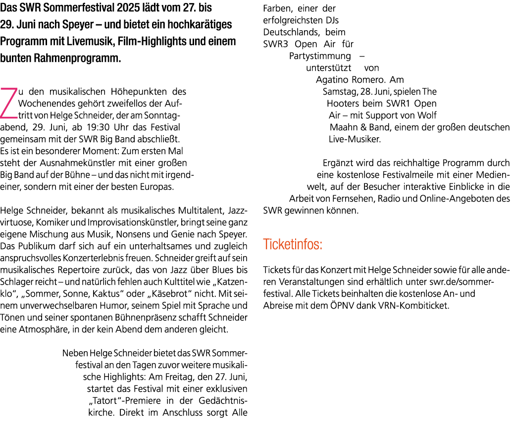 Das SWR Sommerfestival 2025 l dt vom 27. bis 29. Juni nach Speyer – und bietet ein hochkar tiges Programm mit Livemus...