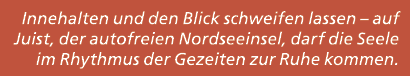 Innehalten und den Blick schweifen lassen – auf Juist, der autofreien Nordseeinsel, darf die Seele im Rhythmus der Ge...
