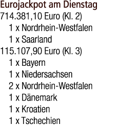 Eurojackpot am Dienstag 714.381,10 Euro (Kl. 2) 1 x Nordrhein Westfalen 1 x Saarland 115.107,90 Euro (Kl. 3) 1 x Baye...