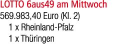 LOTTO 6aus49 am Mittwoch 569.983,40 Euro (Kl. 2) 1 x Rheinland Pfalz 1 x Th ringen