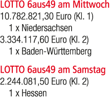 LOTTO 6aus49 am Mittwoch 10.782.821,30 Euro (Kl. 1) 1 x Niedersachsen 3.334.117,60 Euro (Kl. 2) 1 x Baden W rttemberg...