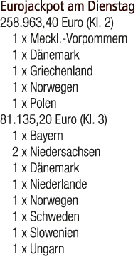 Eurojackpot am Dienstag 258.963,40 Euro (Kl. 2) 1 x Meckl. Vorpommern 1 x D nemark 1 x Griechenland 1 x Norwegen 1 x ...