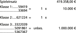 Spieleinsatz 419.358,00 € Klasse 1: 59419 33694 = 1 x 10.000 € Klasse 2: 621224 = 1 x Klasse 3: 3322039 5091861 = unb...