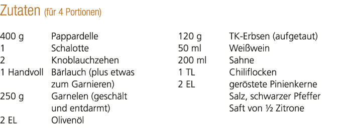 Zutaten (f r 4 Portionen) 400 g Pappardelle 1 Schalotte 2 Knoblauchzehen 1 Handvoll B rlauch (plus etwas zum Garniere...