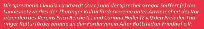 Die Sprecherin Claudia Luckhardt (2.v.r.) und der Sprecher Gregor Seiffert (r.) des Landesnetzwerkes der Th ringer Ku...