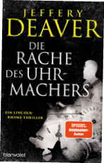 Das Buchcover zeigt auf schwarzem, strukturiertem Hintergrund den Namen des Autors „Jeffery Deaver“ in auff lliger, gelber Gro buchstabenschrift. Der Nachname „Deaver“ ist besonders gro und dominiert den oberen Teil des Covers. Darunter steht in wei er, serifenbetonter Schrift der Titel des Buches: „Die Rache des Uhrmachers“. Der Titel ist in drei Zeilen zentriert gesetzt, wobei das Wort „Uhrmachers“ den breitesten Raum einnimmt. Direkt darunter folgt in kleineren gelben Buchstaben der Hinweis „Ein Lincoln-Rhyme-Thriller“.    Rechts auf dem Cover ist die stilisierte Silhouette einer Person im Profil zu sehen, die in Graut nen gehalten ist. Die Figur ist nach rechts gewandt, ohne erkennbare Gesichtsz ge, und scheint teilweise von Uhrenfragmenten  berlagert zu sein. Um sie herum sowie im unteren Bereich des Covers sind mehrere gro e Ziffernbl tter und mechanische Uhrenteile abgebildet. Diese  berlappen sich und sind zum Teil besch digt oder unvollst ndig. Eine einzelne Hand, ebenfalls in Graut nen, greift von oben in das Bild hinein und h lt ein Element eines Uhrwerks oder einen Uhrzeiger.    Im rechten unteren Drittel befindet sich ein rot-orangefarbenes, rechteckiges Siegel mit abgerundeten Ecken. Darin steht in wei er Schrift: „SPIEGEL Bestseller-Autor“. Ganz unten links ist in wei er Kleinbuchstabenschrift der Name des Verlags „blanvalet“ zu lesen. Das Gesamtbild ist d ster gehalten, mit kontrastreichen Hell-Dunkel-Elementen und einer leicht k rnigen Textur, die eine spannungsgeladene, geheimnisvolle Atmosph re erzeugt.