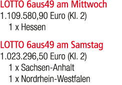 LOTTO 6aus49 am Mittwoch 1.109.580,90 Euro (Kl. 2) 1 x Hessen LOTTO 6aus49 am Samstag 1.023.296,50 Euro (Kl. 2) 1 x S...
