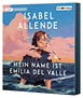 Das Bild zeigt das Cover eines H rbuchs mit dem Titel „Mein Name ist Emilia del Valle“ von Isabel Allende. Das Cover ist im Stil eines Gem ldes gestaltet. Im Vordergrund ist eine junge Frau mit braunen, leicht vom Wind zerzausten Haaren zu sehen. Sie tr gt ein dunkelblaues Kleid und blickt nach rechts, ihr Gesicht zeigt einen nachdenklichen Ausdruck. Um ihren Kopf herum und ber ihre Schultern ziehen sich rosafarbene Wolken, die sich teilweise mit dem Meer unten auf dem Bild verbinden. Im Hintergrund ist ein st rmisches Meer mit hohen Wellen zu sehen. Der Himmel ist blau mit einem warmen orangefarbenen Sonnenuntergangshimmel. Zwei M wen fliegen  ber das Meer und um die Frau herum. Oben links ist ein kleines Logo mit „mp3“ und dem Hinweis „Vollst ndige Lesung“ zu sehen, oben rechts steht der Name „der H rverlag“. Der Name der Autorin „ISABEL ALLENDE“ ist gro  und wei  in der oberen Bildh lfte zentriert platziert. Der Titel „MEIN NAME IST EMILIA DEL VALLE“ steht ebenfalls in gro en wei en Buchstaben in der unteren Bildh lfte.