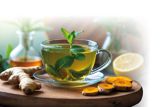 Eine klare Glastasse mit gr nem Kr utertee steht auf einem runden Holzbrett. Im Tee schwimmen frische Minzbl tter, daneben liegen frischer Ingwer und aufgeschnittene Kurkumawurzel. Im Hintergrund stehen zwei Glasgef e mit weiteren Minzzweigen und einem Honigglas sowie eine aufgeschnittene Zitrone. Die Szene ist hell und nat rlich beleuchtet und vermittelt eine frische, gesunde Atmosph re.