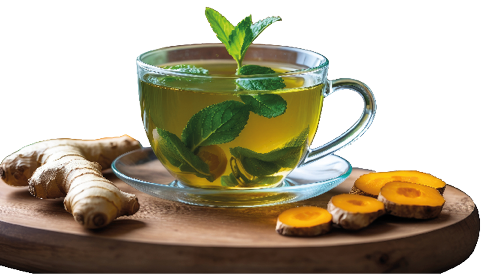 Eine klare Glastasse mit gr nem Kr utertee steht auf einem runden Holzbrett. Im Tee schwimmen frische Minzbl tter, daneben liegen frischer Ingwer und aufgeschnittene Kurkumawurzel. Im Hintergrund stehen zwei Glasgef e mit weiteren Minzzweigen und einem Honigglas sowie eine aufgeschnittene Zitrone. Die Szene ist hell und nat rlich beleuchtet und vermittelt eine frische, gesunde Atmosph re.