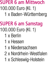 SUPER 6 am Mittwoch 100.000 Euro (Kl. 1) 1 x Baden W rttemberg SUPER 6 am Samstag 100.000 Euro (Kl. 1) 1 x Berlin 1 x...