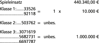 Spieleinsatz 440.340,00 € Klasse 1: 33526 92118 = 1 x 10.000 € Klasse 2: 503762 = unbes. Klasse 3: 3071619 5682731 = ...
