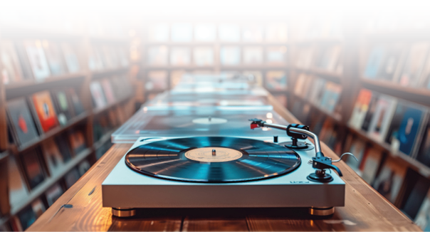 Close-up of a modern turntable on a wooden table in a vinyl record store, highlighting music, entertainment, and audio technology concept