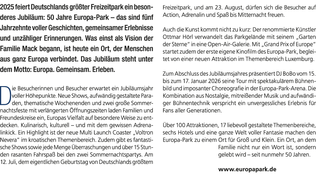 2025 feiert Deutschlands gr ter Freizeitpark ein besonderes Jubil um: 50 Jahre Europa Park – das sind f nf Jahrzehnt...