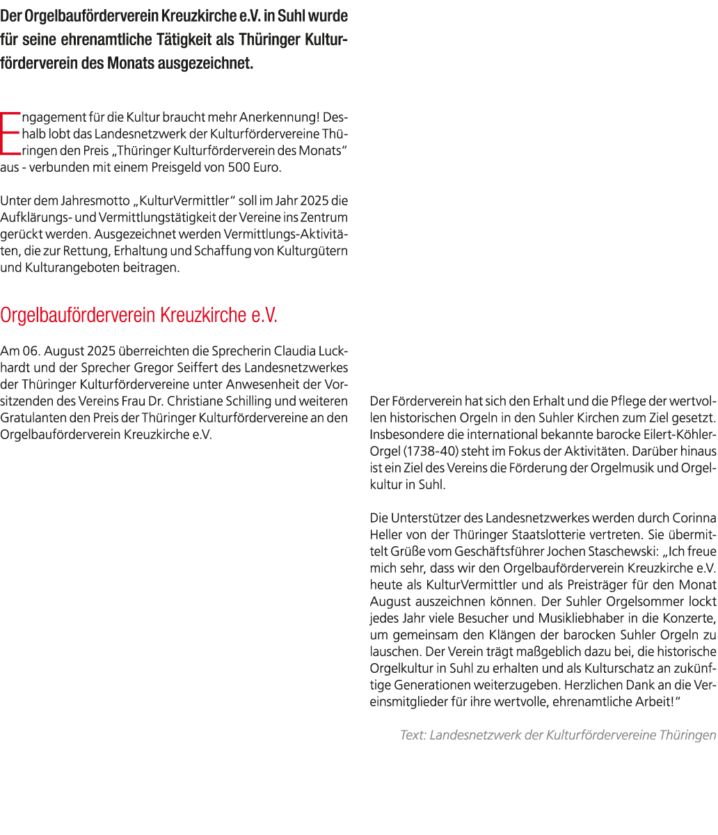 Der Orgelbauf rderverein Kreuzkirche e.V. in Suhl wurde f r seine ehrenamtliche T tigkeit als Th ringer Kulturf rderv...