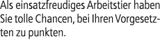 Als einsatzfreudiges Arbeitstier haben Sie tolle Chancen, bei Ihren Vorgesetzten zu punkten.