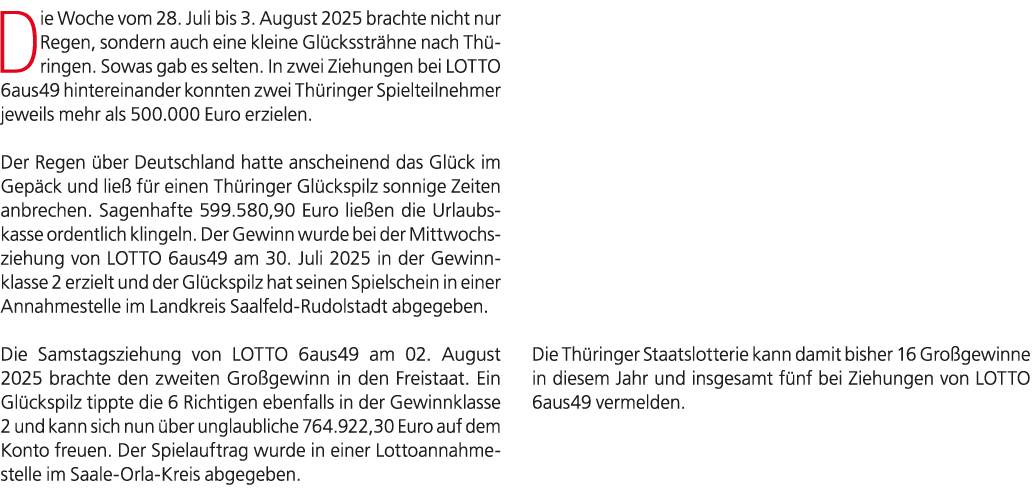 Die Woche vom 28. Juli bis 3. August 2025 brachte nicht nur Regen, sondern auch eine kleine Gl cksstr hne nach Th rin...