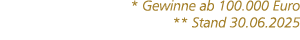 * Gewinne ab 100.000 Euro ** Stand 30.06.2025 