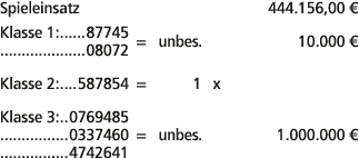 Spieleinsatz 444.156,00 € Klasse 1: 87745 08072 = unbes. 10.000 € Klasse 2: 587854 = 1 x Klasse 3: 0769485 0337460 = ...