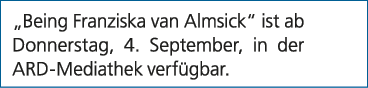 „Being Franziska van Almsick“ ist ab Donnerstag, 4. September, in der ARD Mediathek verf gbar.