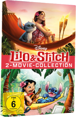 Das Bild zeigt das DVD-Cover der „Lilo & Stitch – 2-Movie-Collection“ von Disney. Das Cover ist in zwei H lften geteilt: Oben: Eine realistisch animierte Szene mit Lilo und Stitch in einer H ngematte bei Sonnenuntergang – vermutlich aus einer Neuauflage oder Live-Action-Version.  Unten: Eine klassische Zeichentrick-Szene – Lilo spielt Ukulele, Stitch liegt entspannt daneben in der H ngematte.  In der Mitte steht der bekannte Titel „Lilo & Stitch“ in gro en, roten Buchstaben, darunter „2-Movie-Collection“. Links unten ist das FSK 6-Symbol, das auf eine Freigabe ab 6 Jahren hinweist.  Ein liebevoll gestaltetes Cover, das sowohl Nostalgie als auch moderne Animation vereint.  