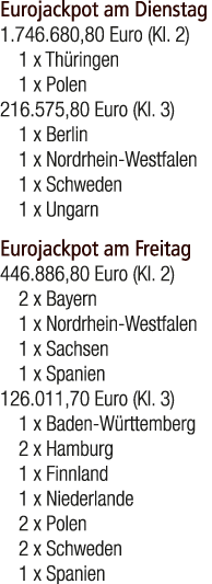 Eurojackpot am Dienstag 1.746.680,80 Euro (Kl. 2) 1 x Th ringen 1 x Polen 216.575,80 Euro (Kl. 3) 1 x Berlin 1 x Nord...