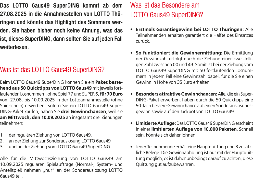 Das LOTTO 6aus49 SuperDING kommt ab dem 27.08.2025 in die Annahmestellen von LOTTO Th ringen und k nnte das Highlight...