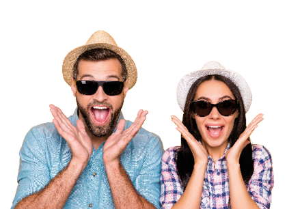 Head shot portrait of surprised glad traveler in straw hats black eyeglasses with wide open mouth holding palms near face isolated on vivid yellow background