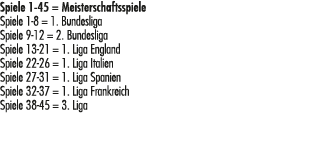 Spiele 1 45 = Meisterschaftsspiele Spiele 1 8 = 1. Bundesliga Spiele 9 12 = 2. Bundesliga Spiele 13 21 = 1. Liga Engl...