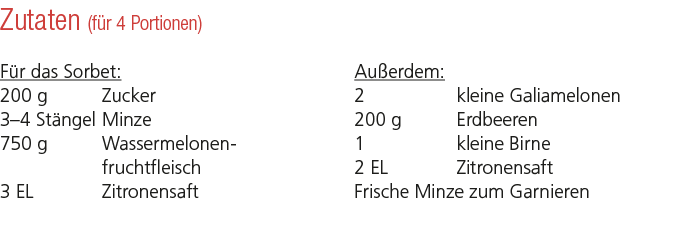 Zutaten (f r 4 Portionen) F r das Sorbet: 200 g Zucker 3–4 St ngel Minze 750 g Wassermelonen ­ fruchtfleisch 3 EL Zit...