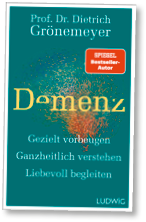 Buchcover ‚Demenz‘ von Prof. Dr. Dietrich Gr nemeyer mit Gehirn-Illustration und dem Untertitel ‚Gezielt vorbeugen, ganzheitlich verstehen, liebevoll begleiten‘.