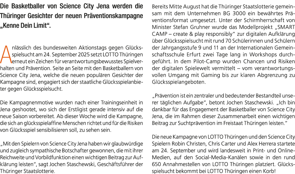 Die Basketballer von Science City Jena werden die Th ringer Gesichter der neuen Pr ventionskampagne „Kenne Dein Limit...